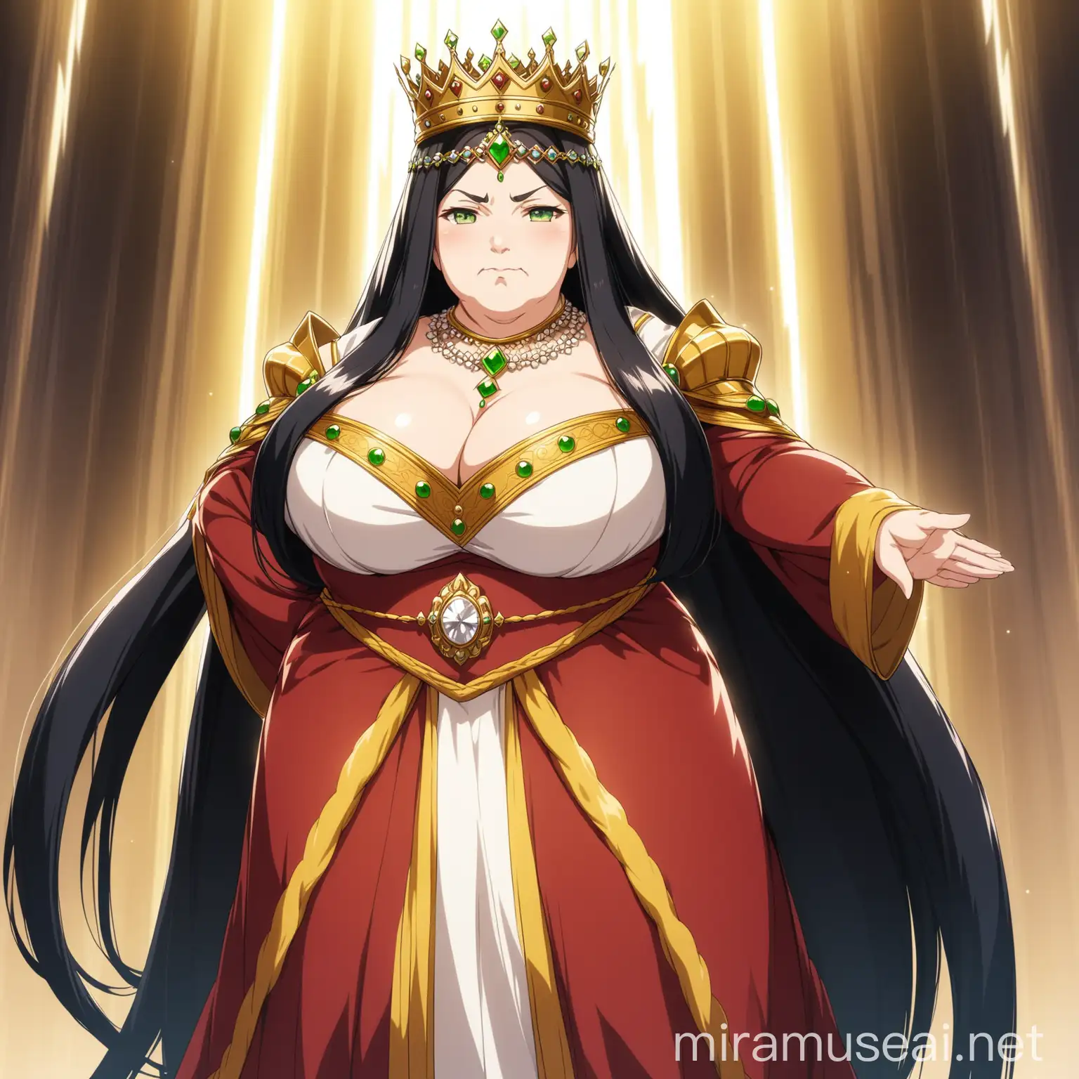 An anime old woman, long black hair, she is dressed as a Queen, noble clothes, Queen crown, fat body, heroic pose, green eyes, calm look, in epic anime