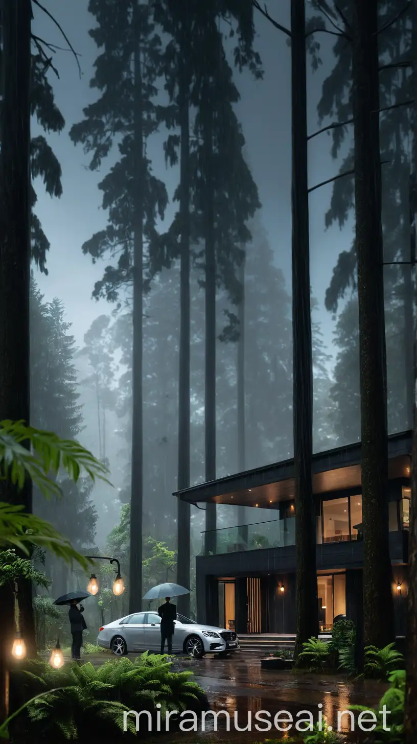 Mysterious Rainy Day Scene with Man Umbrella and Rustic House in Forest