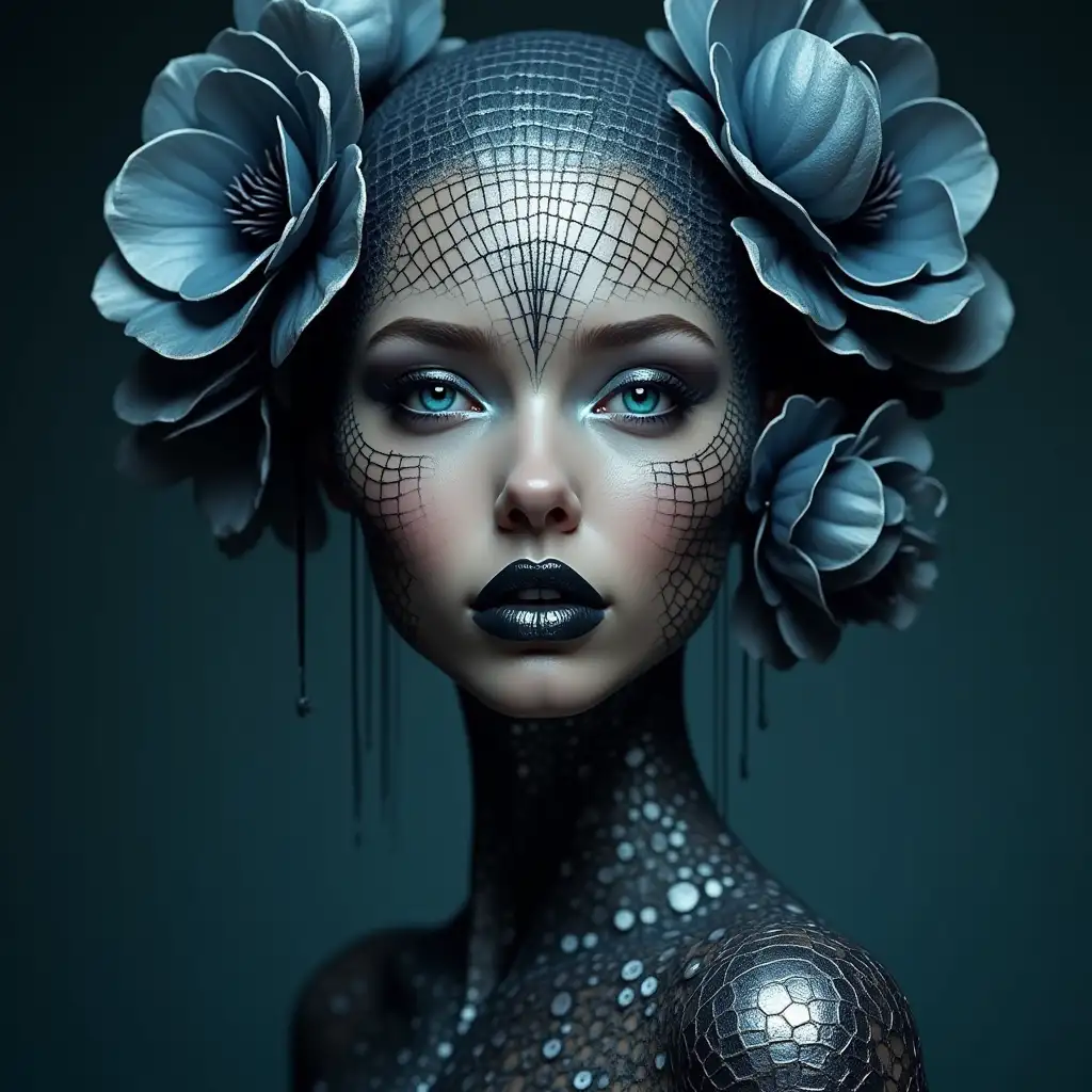 Image is a digital artwork featuring a futuristic and surreal portrait of a woman with intricate, biomechanical designs. Her skin is a smooth, metallic texture with a dark, silvery hue, adorned with elaborate patterns resembling lace or spiderwebs. Her facial features are sharp and defined, with striking blue eyes accentuated by bold, metallic blue eyeshadow. Her lips are painted a deep, glossy black. The subject's head is adorned with large, stylized flowers in shades of blue and silver, which appear to be integrated into her headpiece. The background is a soft, dark gradient, enhancing the ethereal and otherworldly atmosphere. The overall composition is symmetrical and balanced, with a focus on the contrast between the organic floral elements and the mechanical aspects of the design.