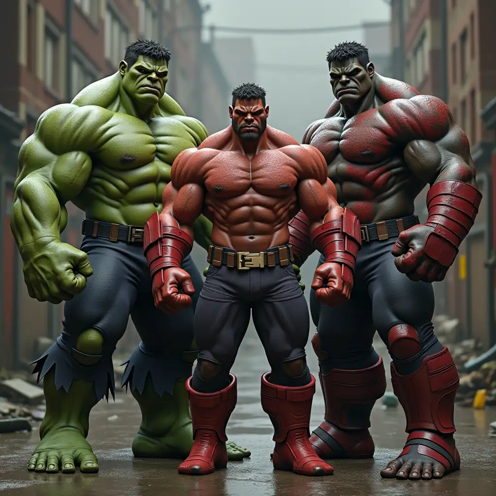 Hyper realistic and photorealistic,Green Hulk, Red Hulk,and Black Hulk -Tyrone Cash, wearing battle gear all 3 Hulks facing camera for a photo