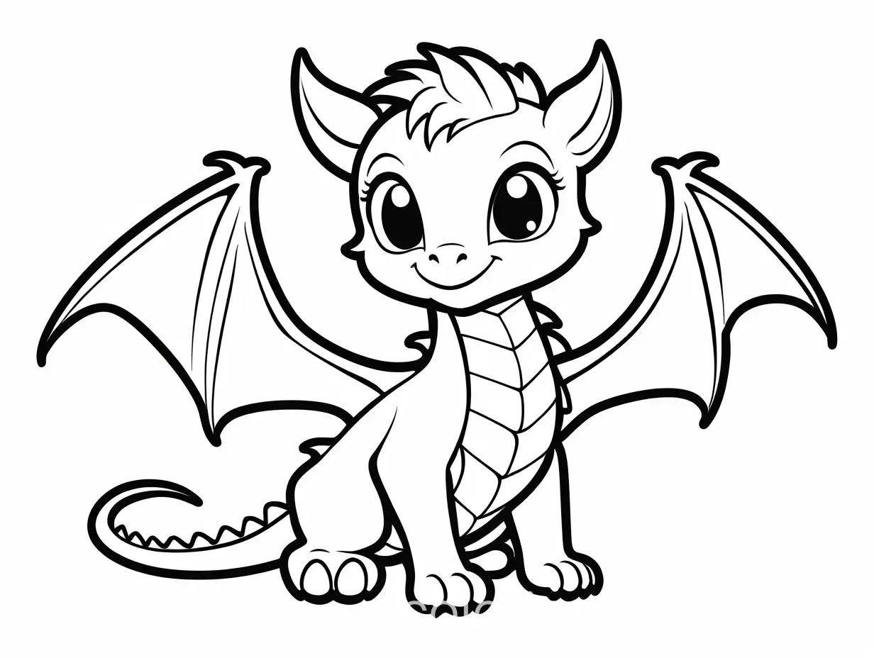 A Chibi Dragon, Coloring Page, black and white, line art, white background, Simplicity, Ample White Space. The background of the coloring page is plain white to make it easy for young children to color within the lines. The outlines of all the subjects are easy to distinguish, making it simple for kids to color without too much difficulty