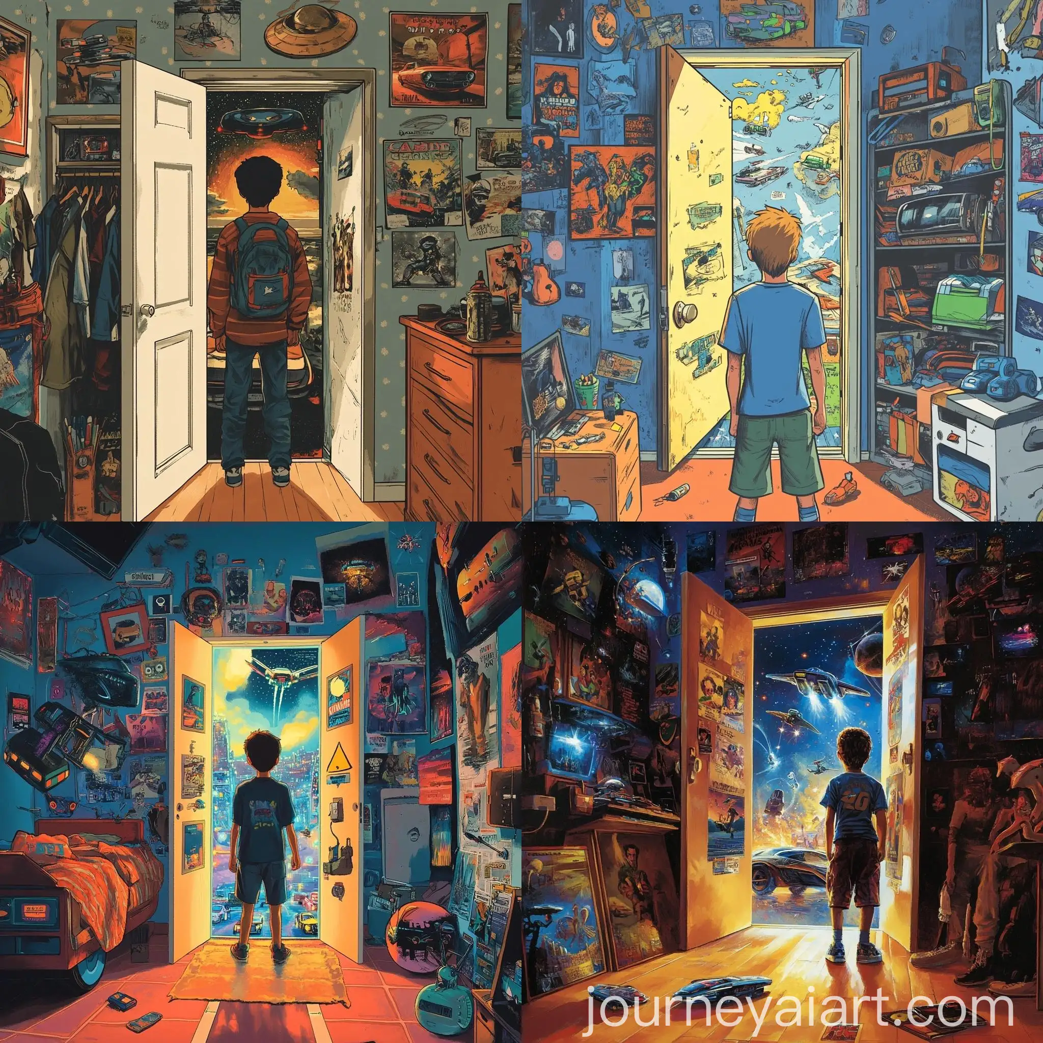 Boy-Discovering-Future-Through-Closet-Door-with-Flying-Cars-and-Robots