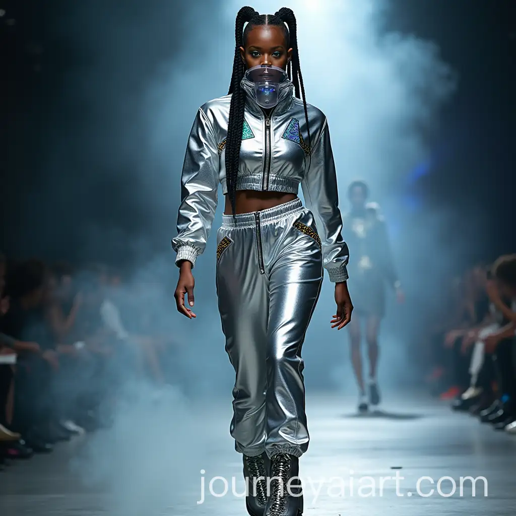 Futuristic-African-American-Model-in-Metallic-Tracksuit-on-Edgy-Runway