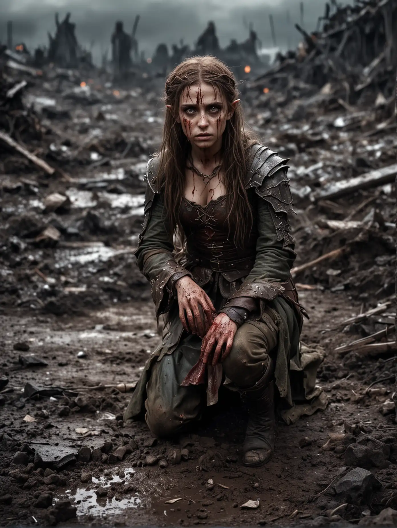 Elf princess with brown hair wounded with heavily bruised face, battle worn, blackened and bleeding eyes, covered in blood and dirt, who kneels on a desolate battlefield amidst destruction at a dark night. Hopeless.