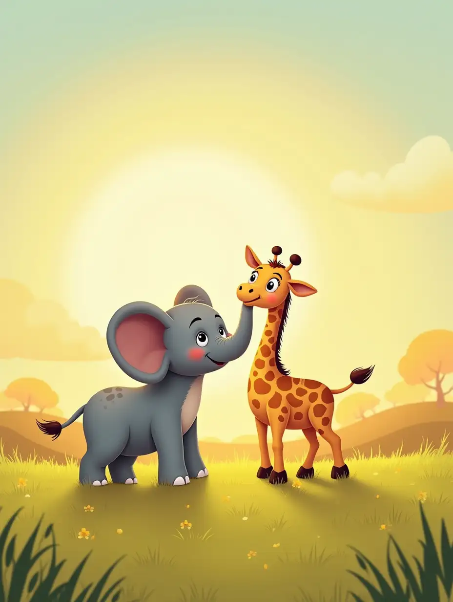Young-Elephant-and-Giraffe-Playing-in-a-Warm-Grassy-Field