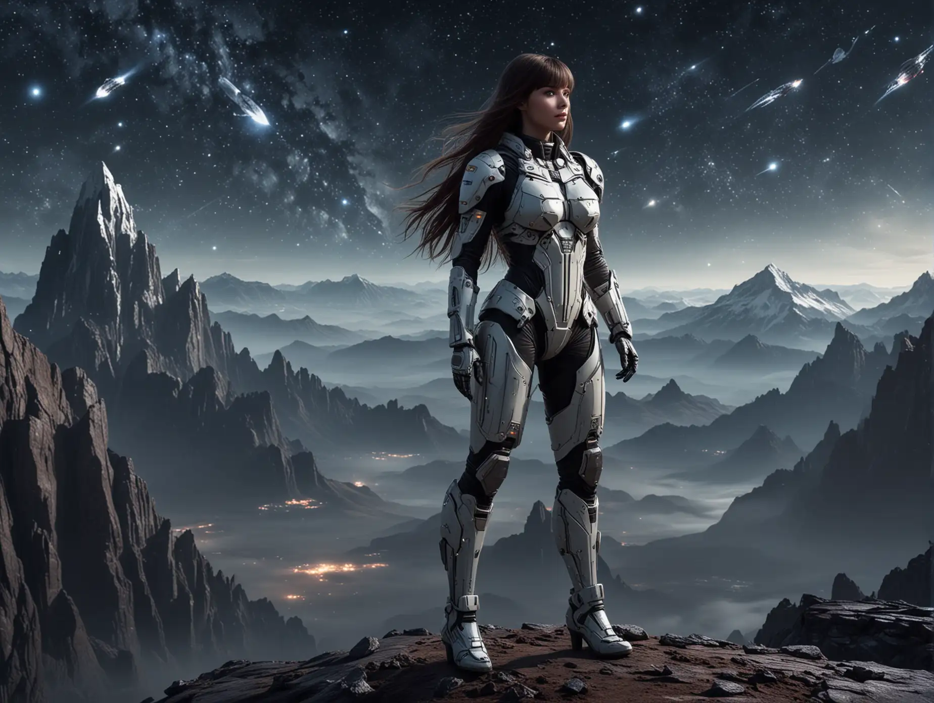 giant spaceship in the skies ull of stars, young pretty Caucasian female posing, full length figure, long straight hair with bangs, wearing highly detailed sci-fi suit, hostile unknown planet with high mountains, night, panoramic view, realistic