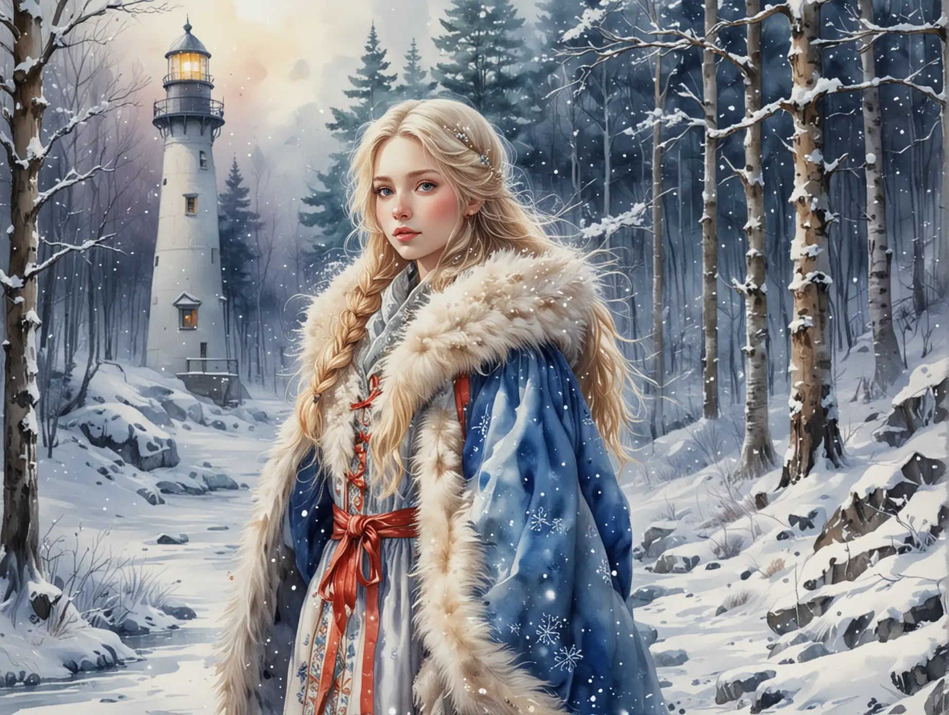 Snow-Maiden-Girl-in-a-Fur-Coat-at-a-Magical-Winter-Lighthouse