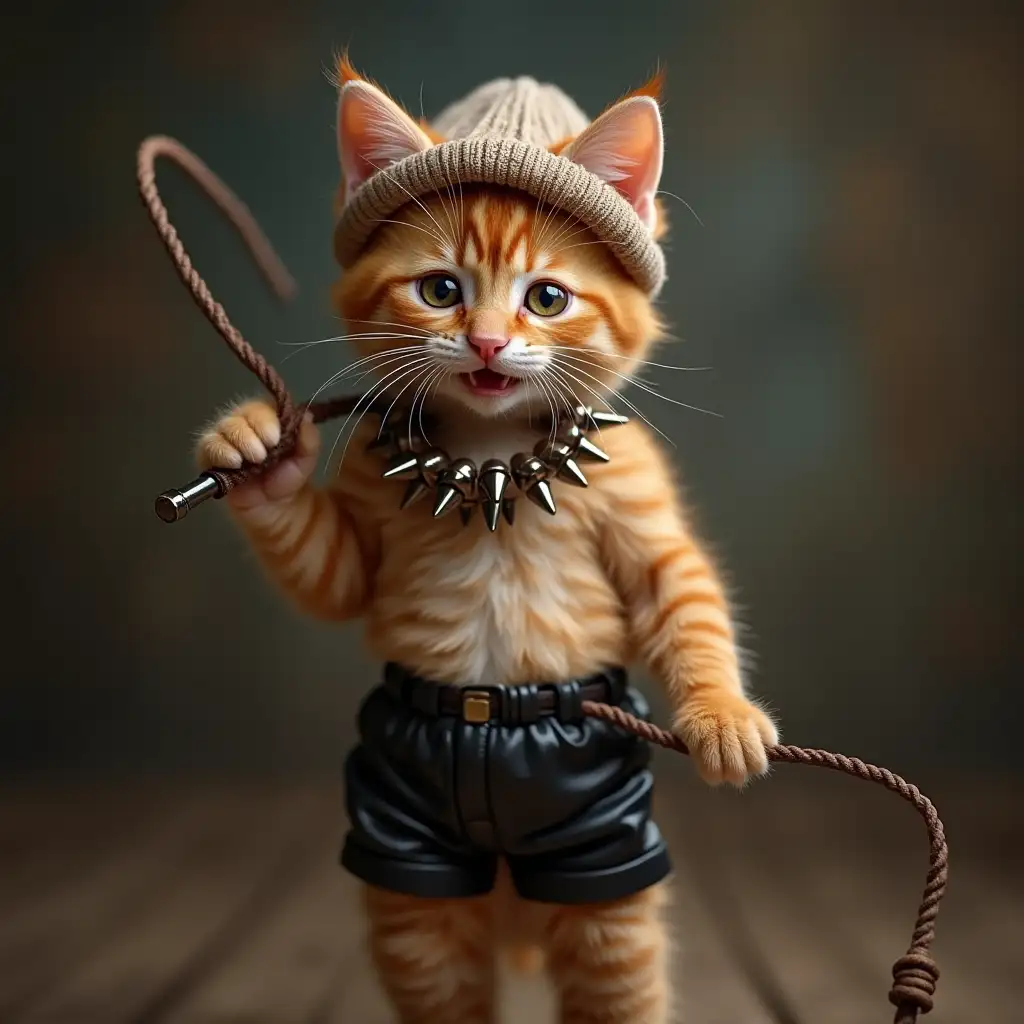 Ginger cute real kitten in knitted hat, in black leather shiny shorts, holding a whip in right hand, on neck collar with spikes