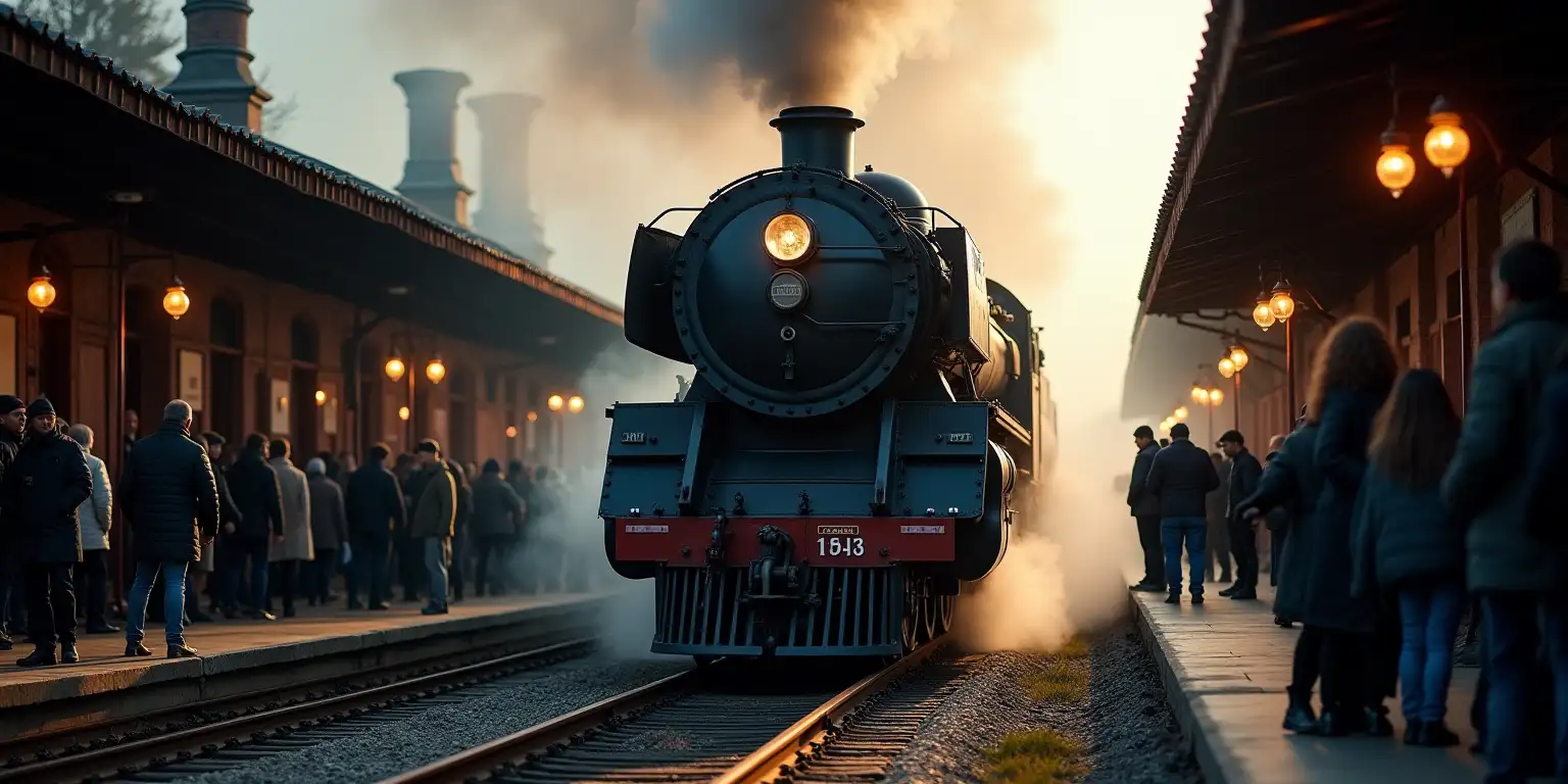 Vintage Steam Locomotive Approaching Historic Station Amidst Eager Crowds