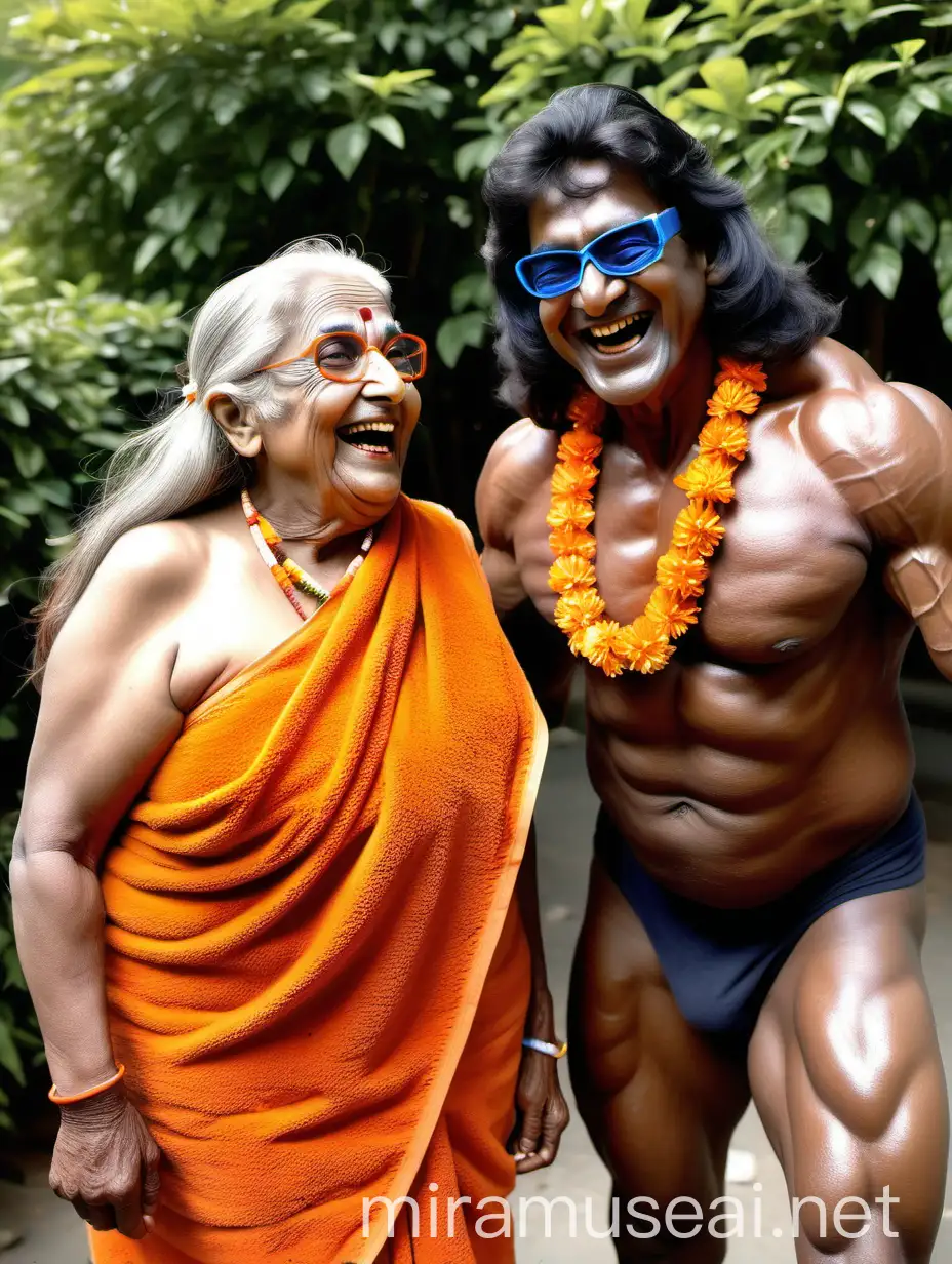 Happy Indian Senior Woman with Bodybuilder and Goat Outdoors