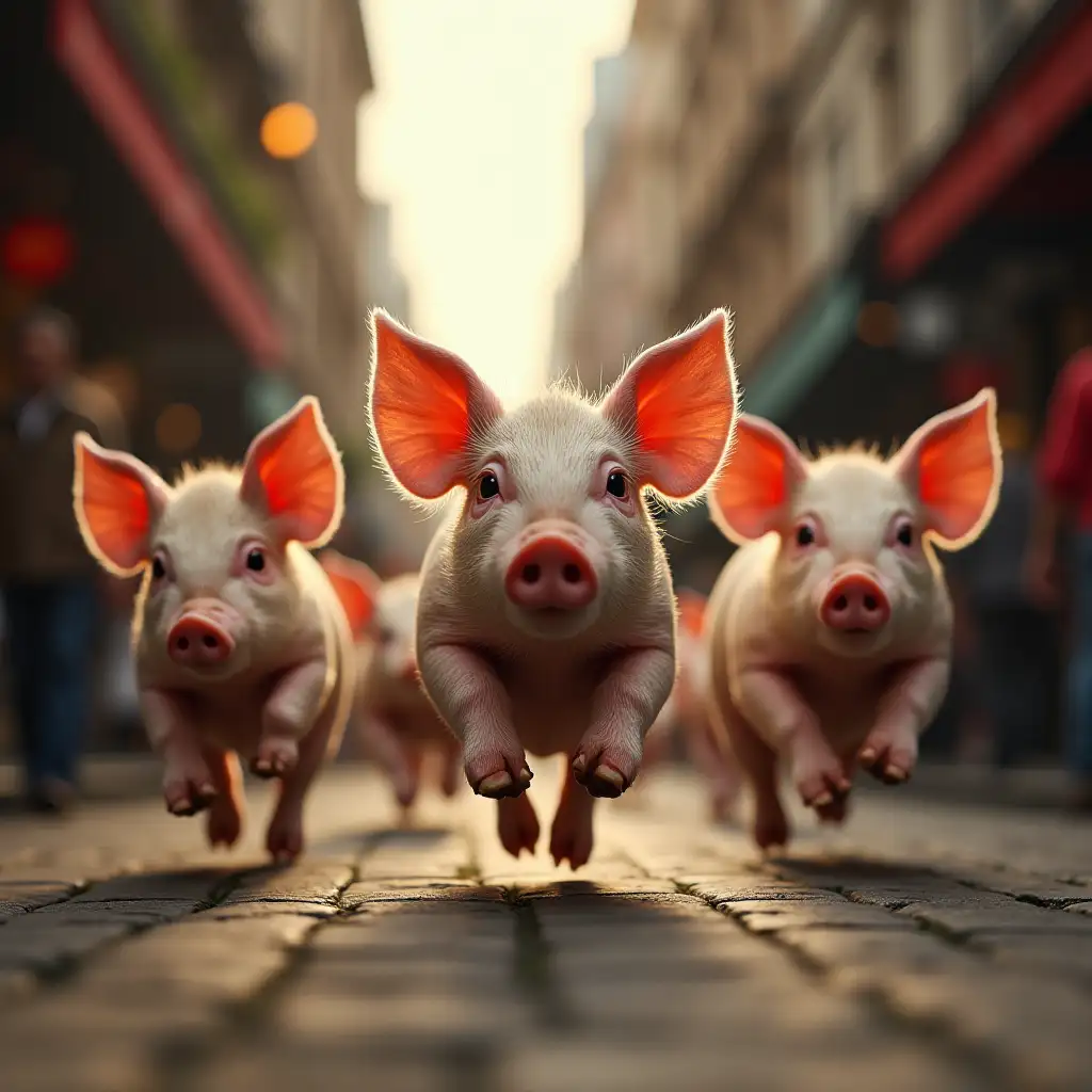 Victorian Little Pigs Running Through Victorian Market from Above