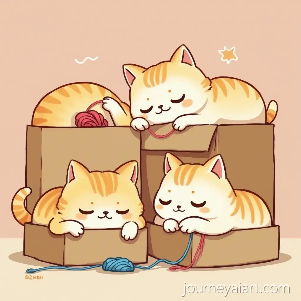 ChubbyAI-Image-Expansion-Cartoon-Cats-Sleeping-Playing-with-Yarn-and-Peeking-from-Boxes