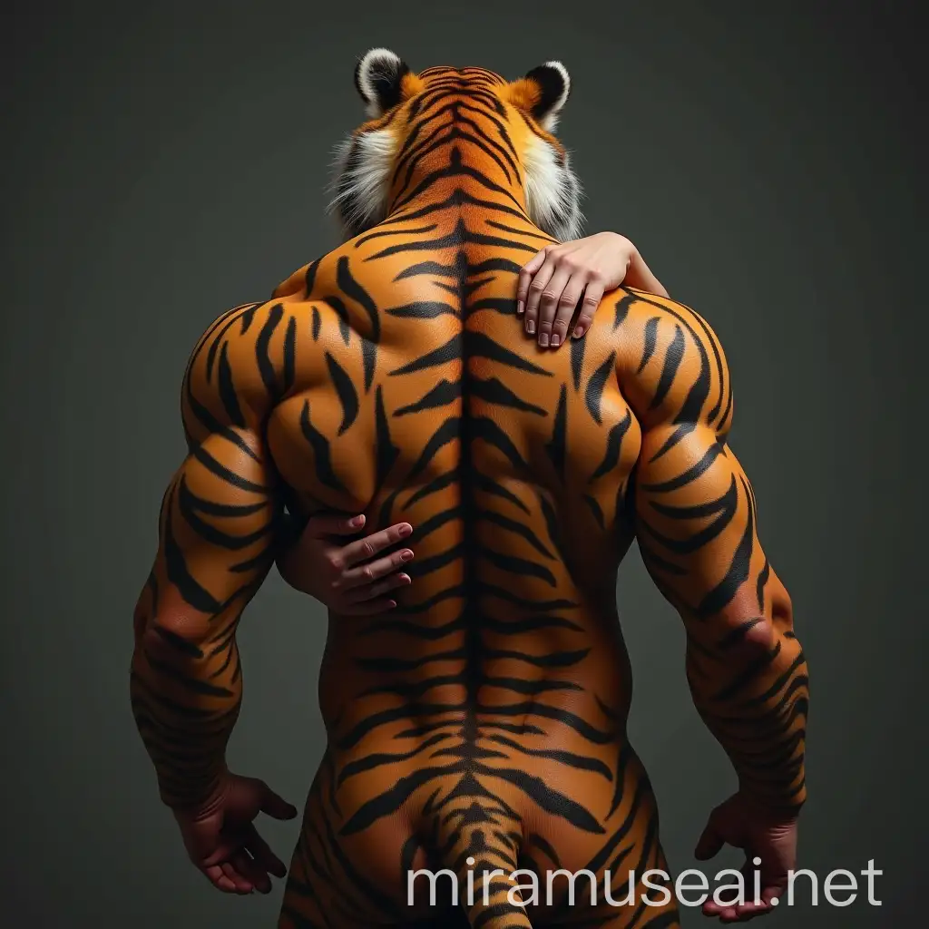 Man Embracing Muscular Furry Tiger in an Intimate Moment