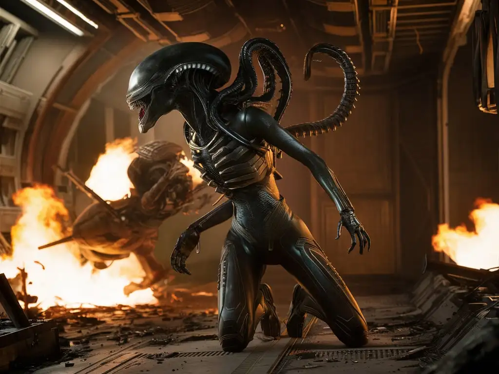 A cinematic frame from the film directed by Ridley Scott, fantasy, adventure, action, active scene, the queen of Wakanda in a high-tech nanosuit changes and turns into a nostalgic xenomorph and from the film aliens, spaceship compartment destruction, tense situation, fire, low angle, digital cinema, cinematic computer special effects