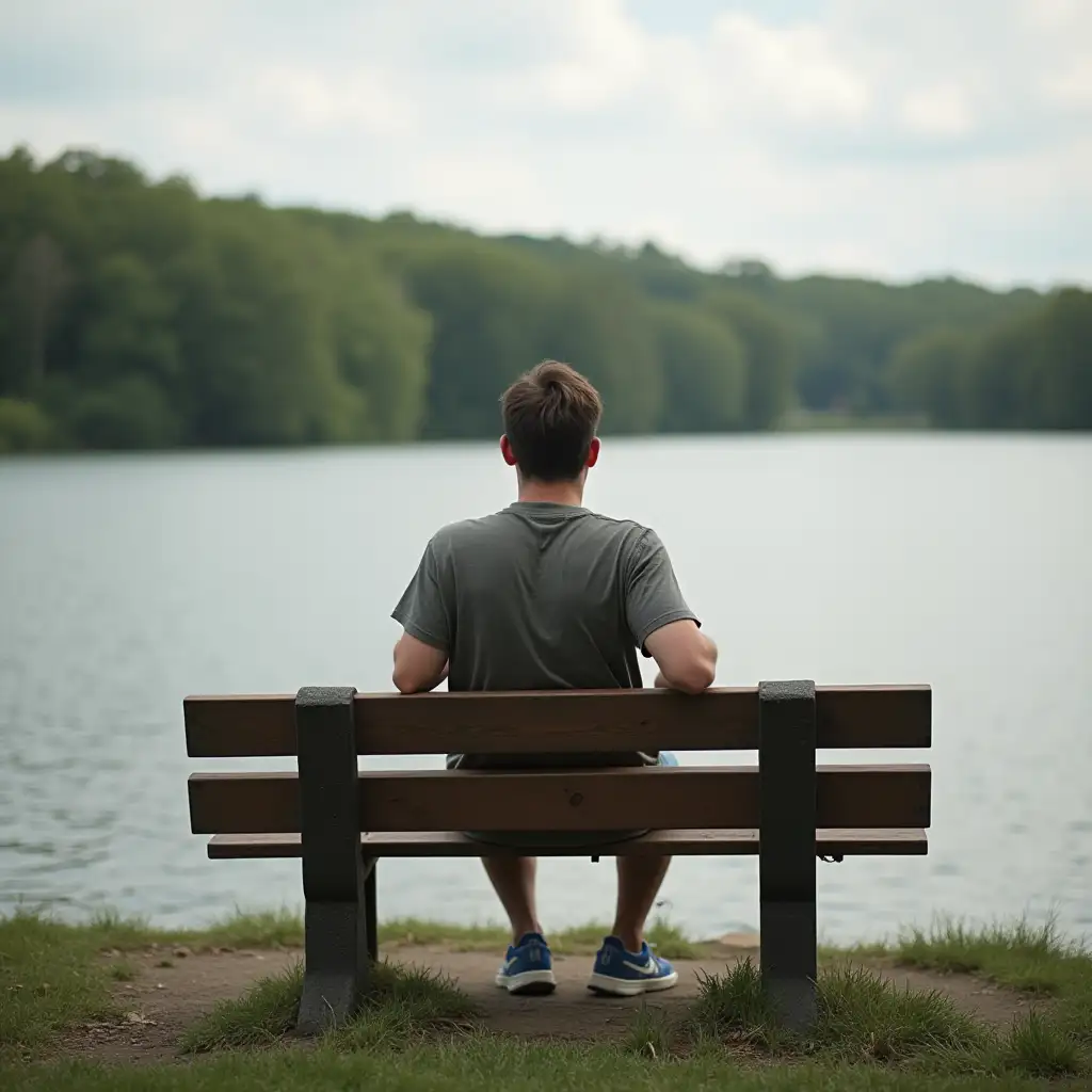 A young man sitting on a wooden bench by the lake, looking ahead