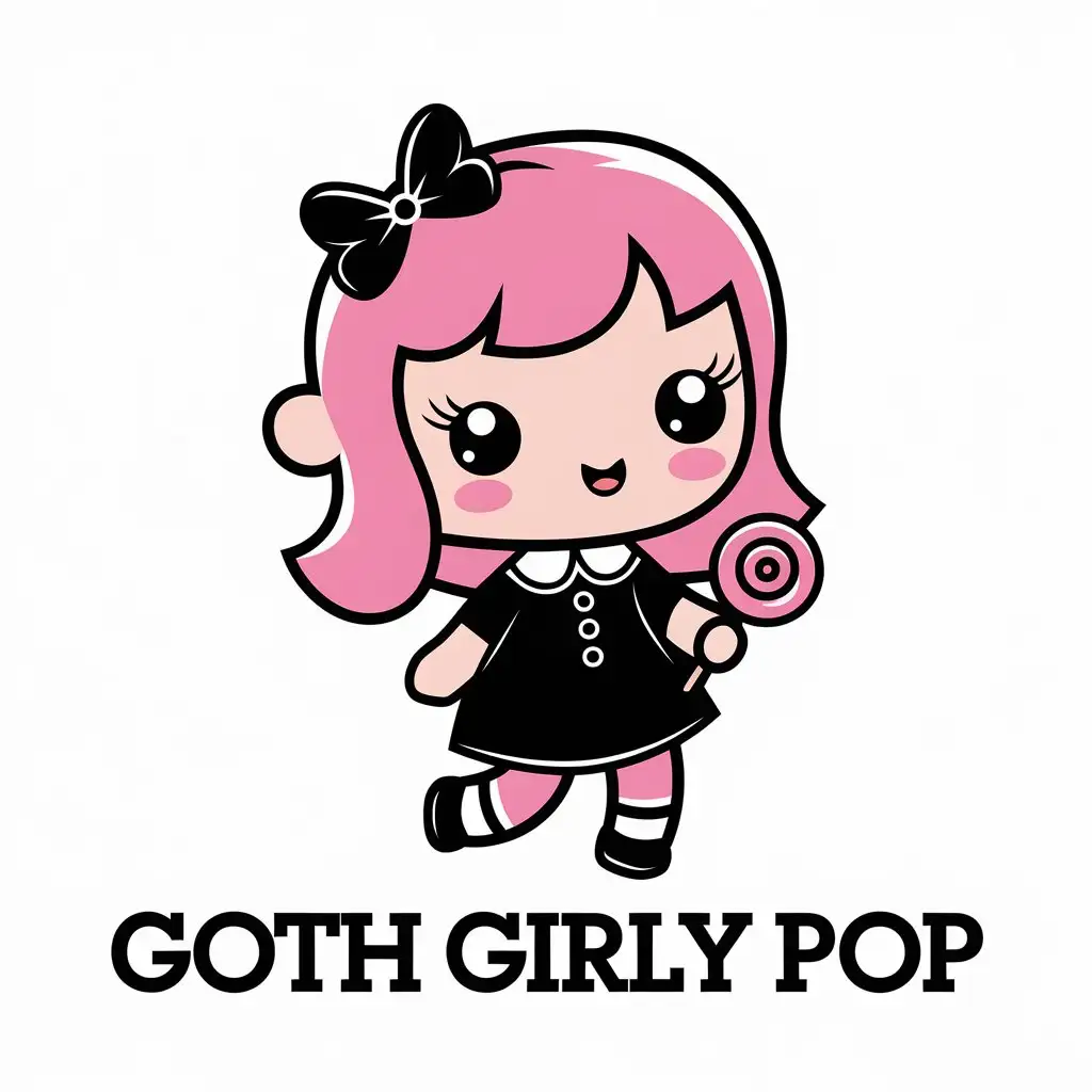 LOGO Design for Goth Girly Pop Adorable Kawaii Goth Girl with Lollipop on White Background