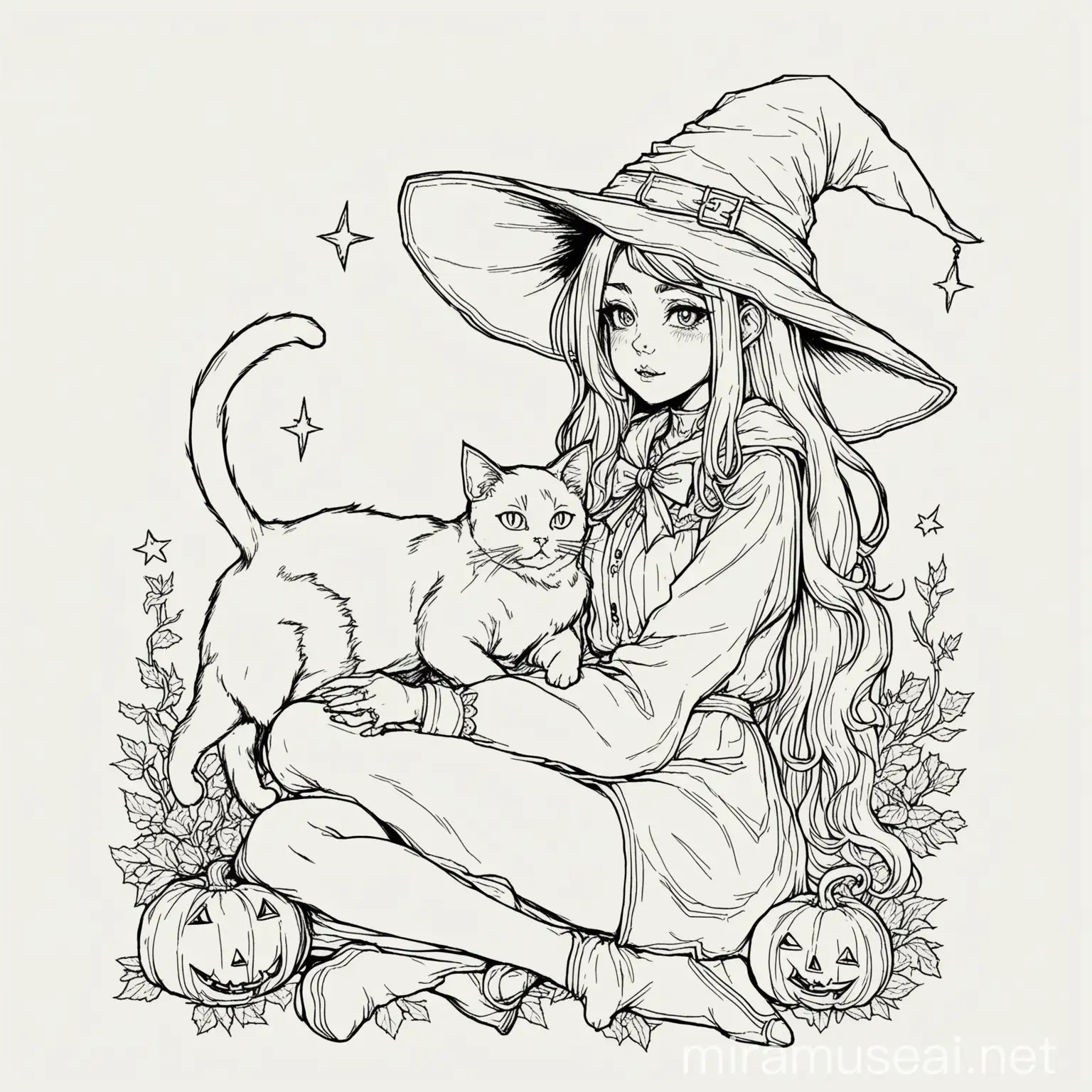 Young Witch Drawing with Her Familiar Cat in Line Art Style