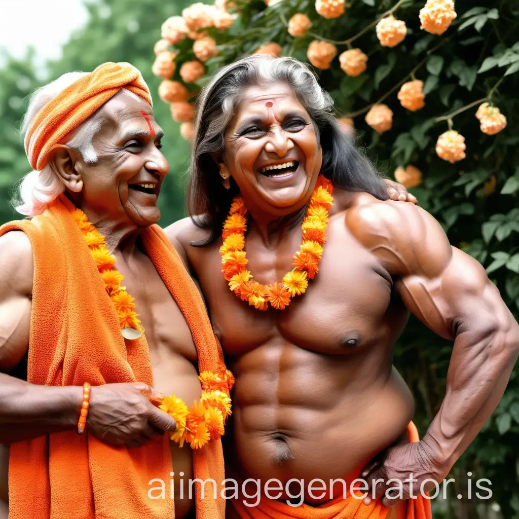 Joyful-Indian-Elderly-Woman-with-Bodybuilder-and-Goat-in-Sunny-Garden