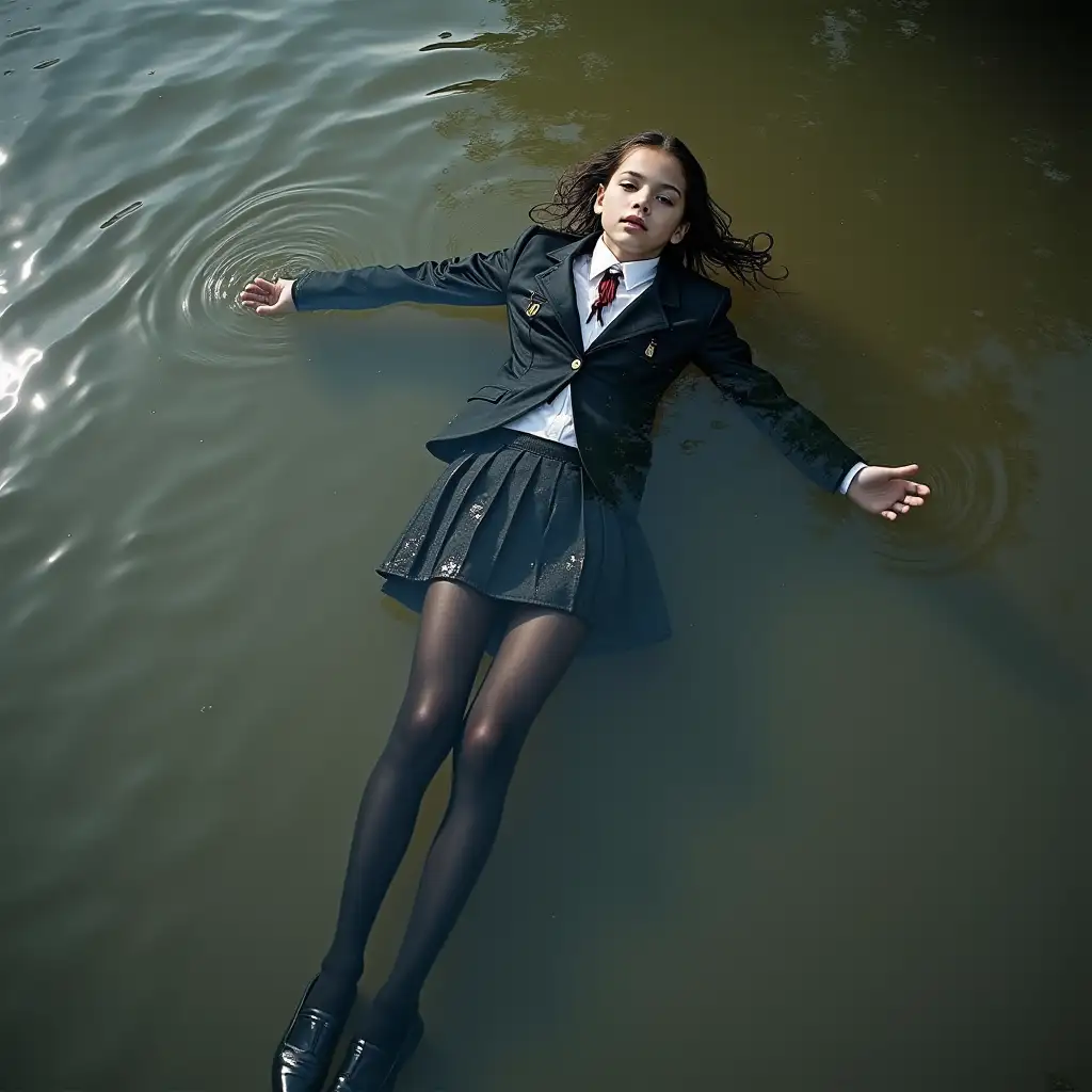 A young schoolgirl in a school uniform, in a skirt, jacket, blouse, dark tights, high-heeled shoes. She is swimming in a dirty pond, lying underwater, all her clothes are completely wet, wet clothes stick to her body, the whole body is underwater, submerged in water, under the surface of the water, below the water's edge.