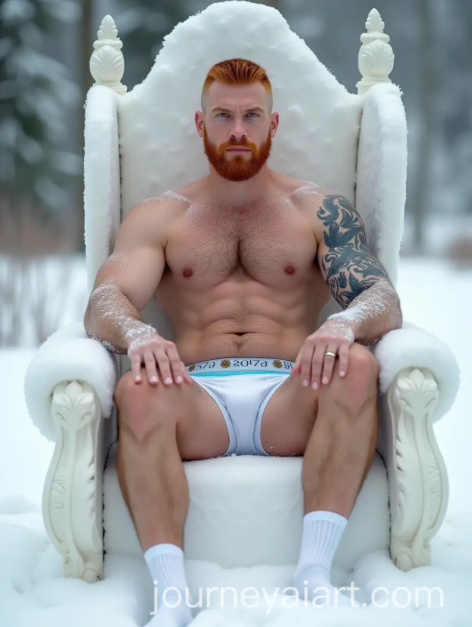 Handsome-Ginger-Bearded-Man-with-Pale-Skin-Sitting-on-Snow-Throne-in-Snowy-Landscape