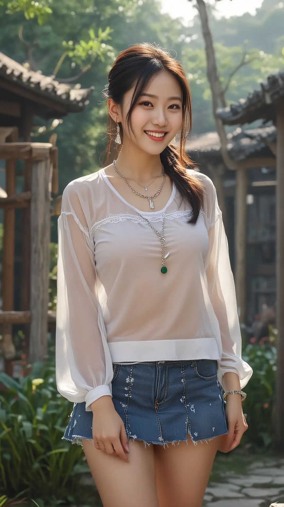 Smiling-Chinese-Girl-in-Miniskirt-and-Transparent-Shirt-Outdoors-with-Jewelry