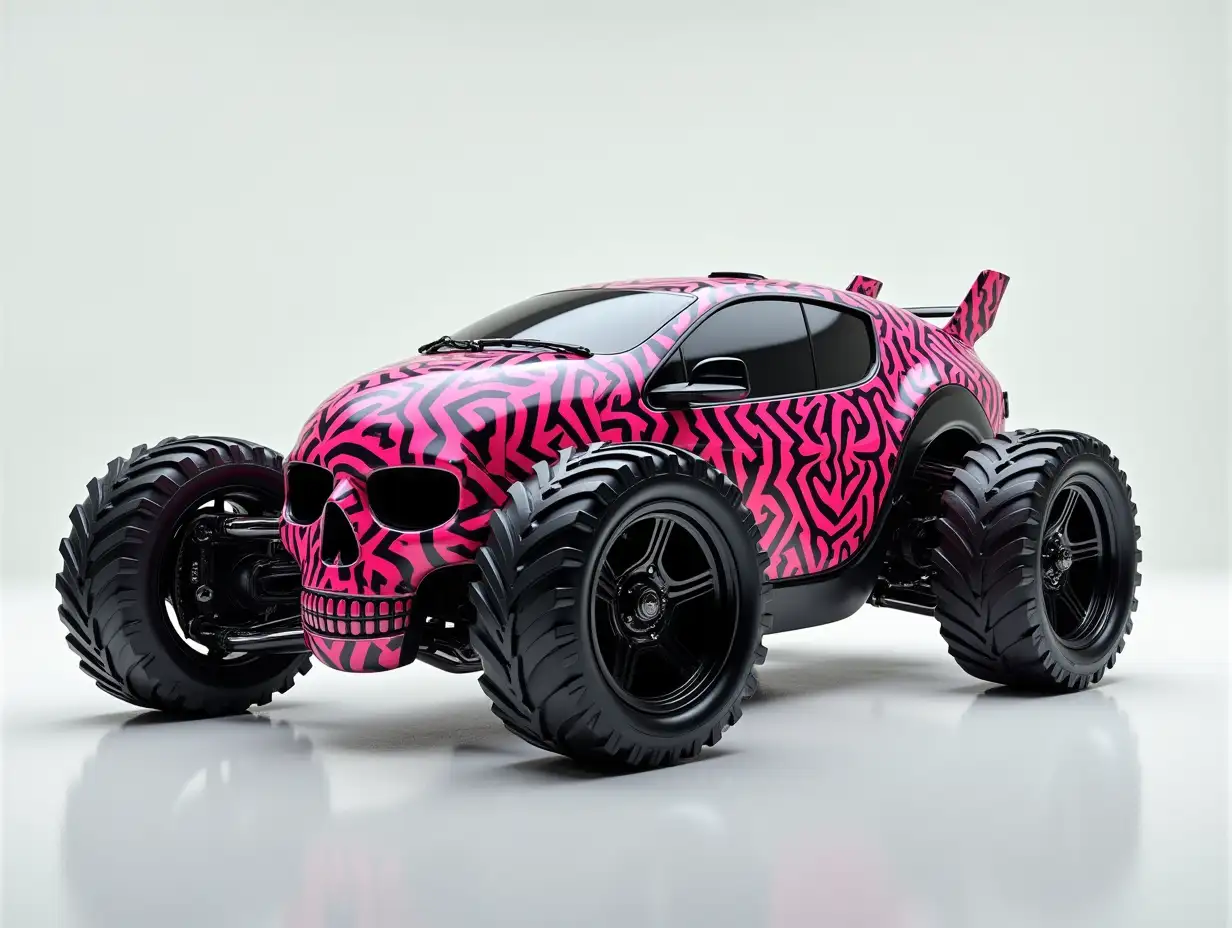 A supermodern utopian sports omnibus, with a lowered chassis featuring a skull design, aluminum wheels, wide tires, and a pink black zigzag pattern, Science-Fiction.