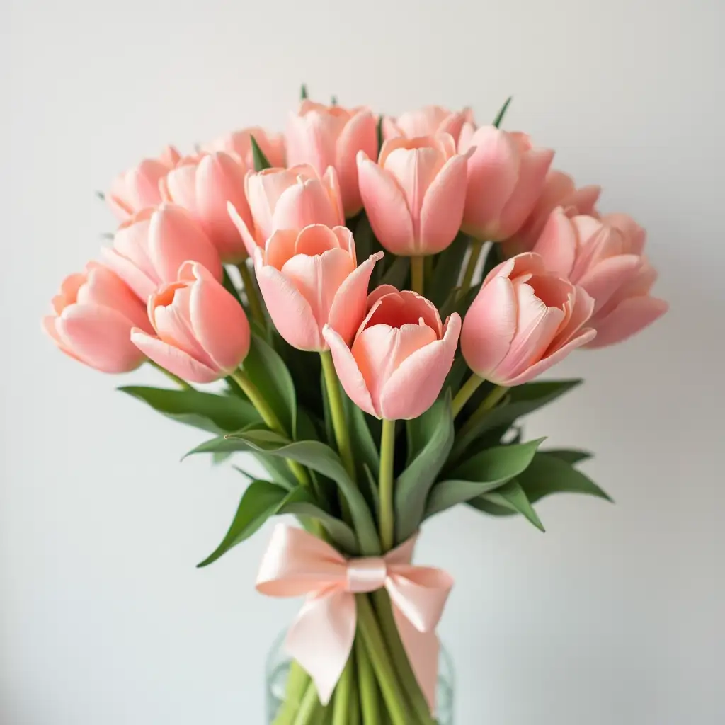 a bouquet of mimosas and tulips for a romantic individual in pastel hues tied with ribbons