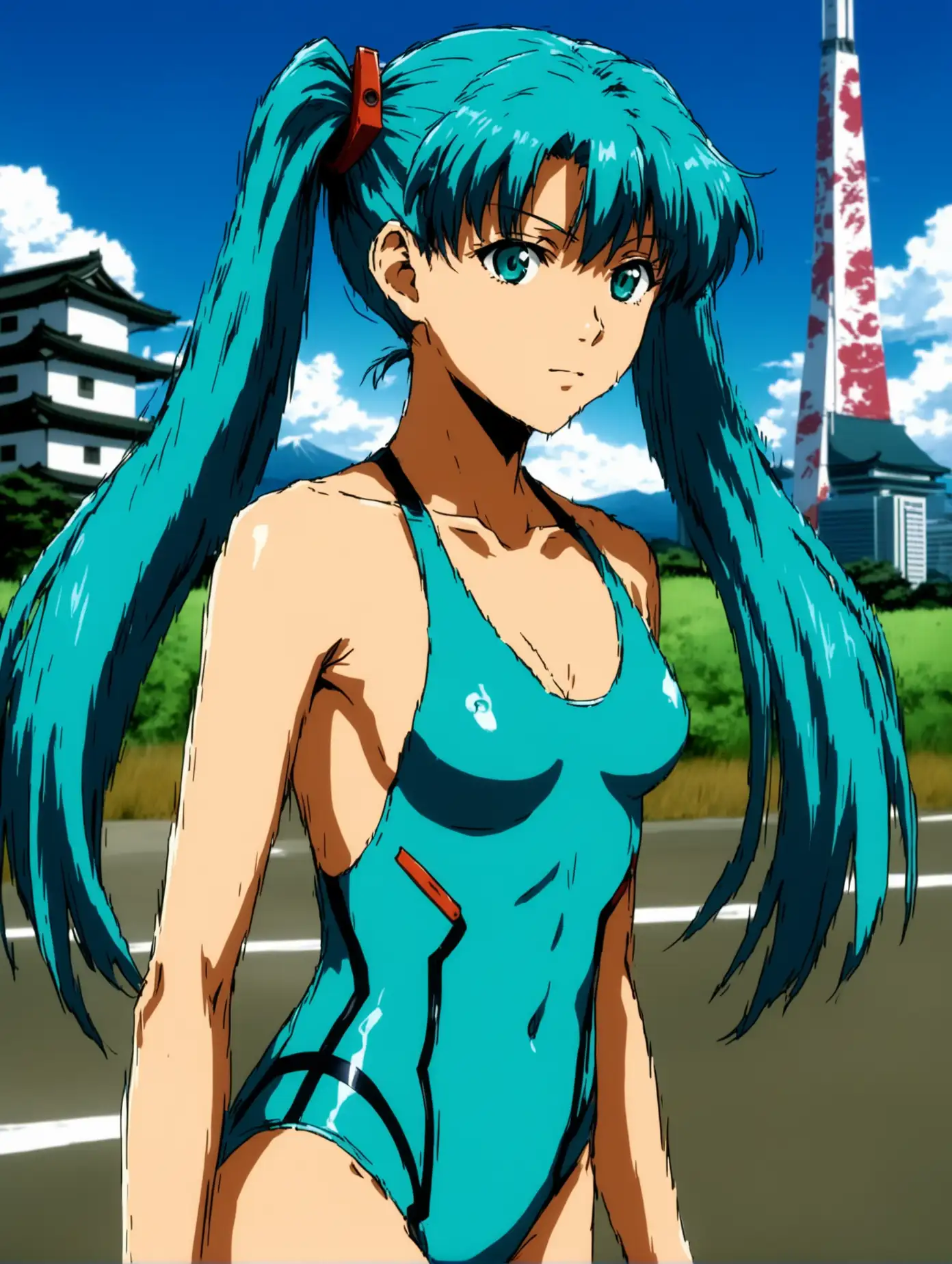 Neon-Genesis-Evangelion-Pilot-in-Teal-Swimsuit-with-Blue-Ponytails-in-Blurred-Japan-Background