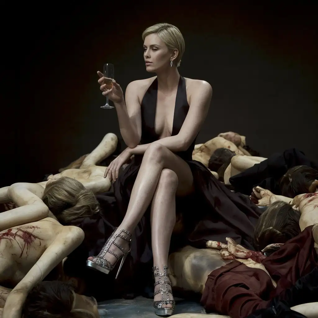 Charlize-Theron-Sitting-on-a-Pile-of-Human-Corps-with-Champagne-Cinematic-4K-Photo