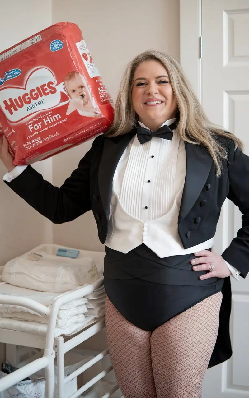 MiddleAged-Caucasian-Woman-in-Formal-Tuxedo-Holding-Huggies-Package-in-Nursery