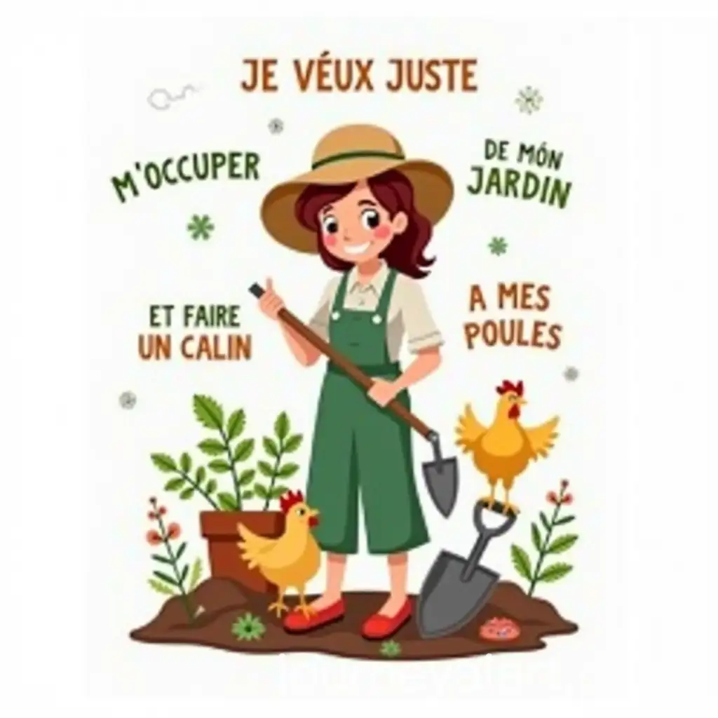 Cartoon-Woman-Gardening-with-Chickens-and-Tools-TShirt-Design