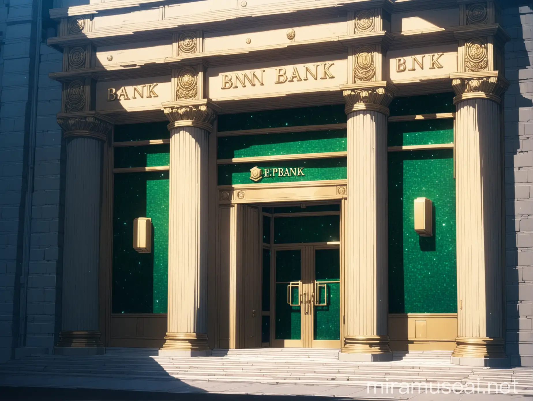 An anime (((rich bank))), wiew from outside, in epic spatial anime