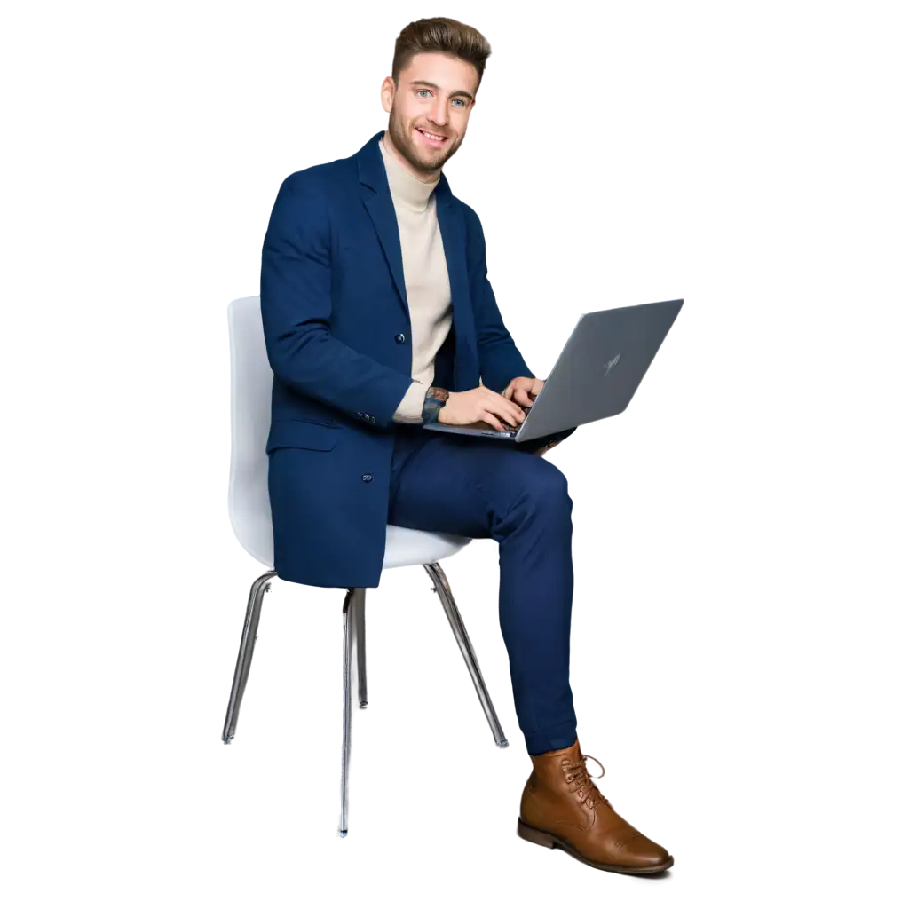SmPNG-Image-SEO-Analysisiling-Young-Man-in-Blue-Coat-and-Pant-Sitting-on-Chair-with-Laptop-HighQuality-PNG-Image-for-Success-Themes