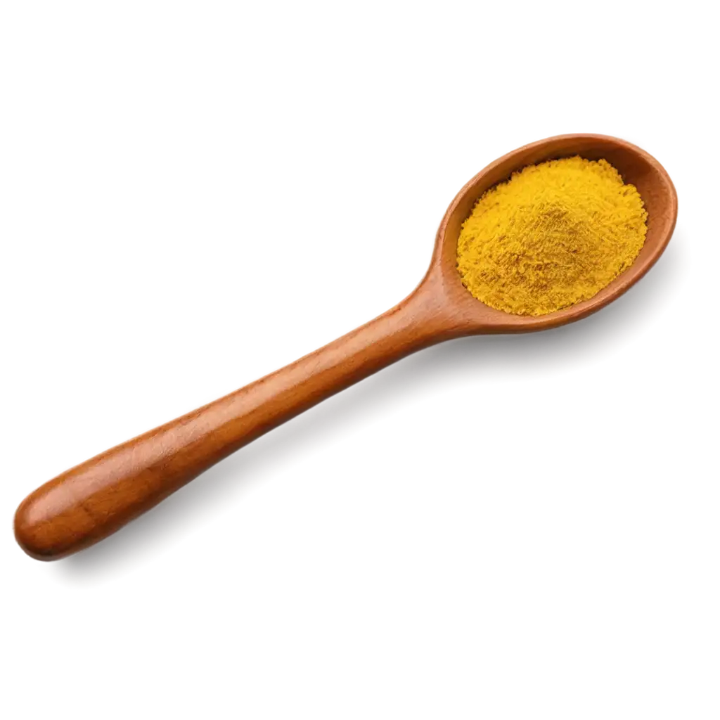 A top-down straight view of a wooden spoon filled with bright yellow powdered spice, like turmeric Some of the spice is scattered above the spoon in a natural, loose pile. The spoon has a smooth, natural wood texture, contrasting against the vibrant yellow of the spice powder . this spoon should be straight bottom to top