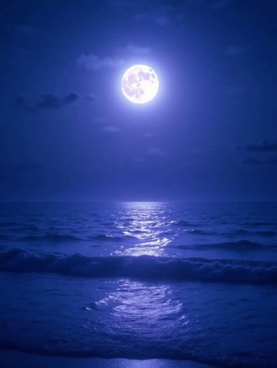 A tranquil nighttime seascape under a glowing full moon, casting its silvery light over calm ocean waves. The water reflects a mesmerizing blend of deep blues and soft purples, creating a dreamlike atmosphere. The sky is a gradient of twilight hues, transitioning from indigo to violet, with faint, wispy clouds adding texture. The scene is serene and mystical, evoking a sense of peace and wonder.