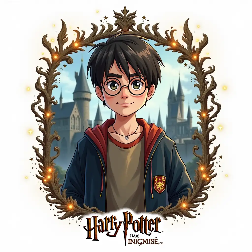 A detailed illustration of the Harry Potter universe with Harry Potter wearing glasses and a scar, standing in front of Hogwarts castle, framed with magical elements, the Harry Potter logo at the bottom, and a white background.