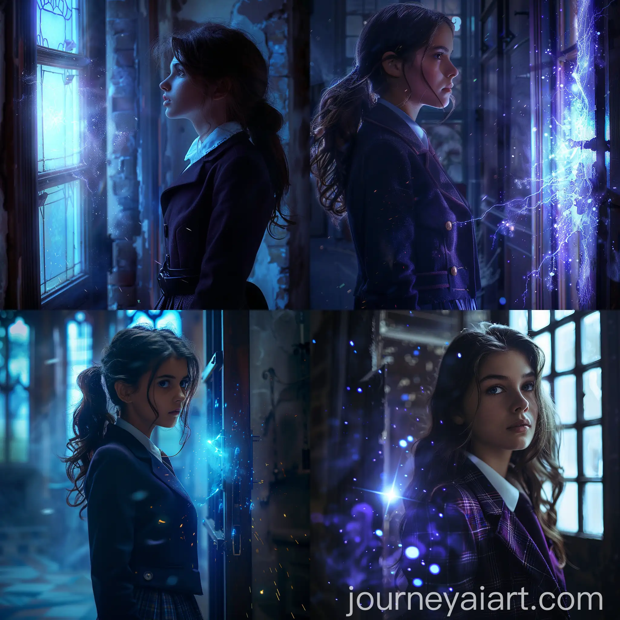Young-Woman-in-Dark-Purple-School-Uniform-Gazing-at-a-Magical-Blue-Light-Door