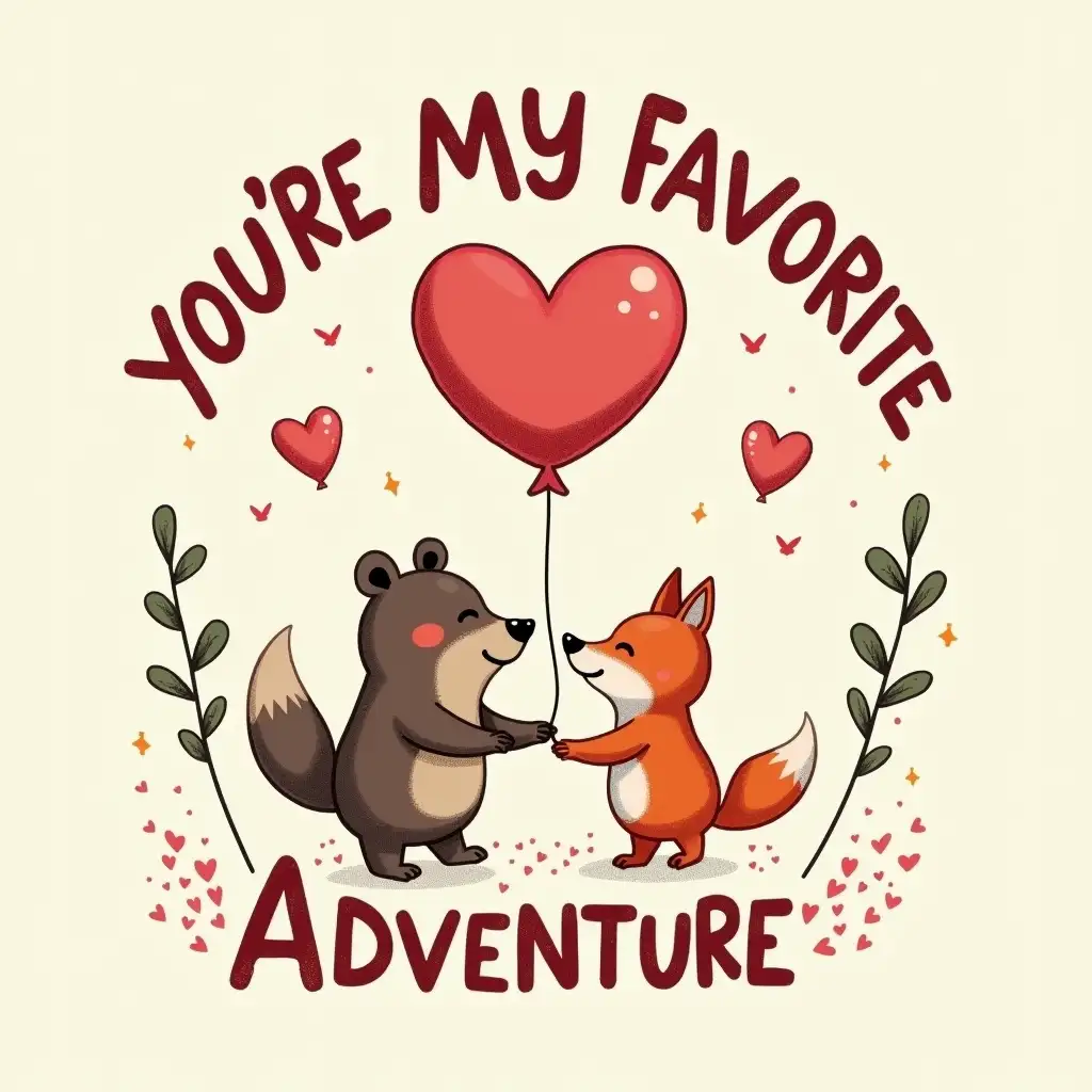 Create a playful and unique Valentine's Day t-shirt design that incorporates a whimsical, hand-drawn illustration of two cute animals (like a bear and a fox) sharing a heart-shaped balloon. The design should have a retro feel with bold, vibrant colors and a touch of minimalism. Use a fun, handwritten font for the text 'You're My Favorite Adventure' in a circular arrangement around the illustration. The overall vibe should be warm, cozy, and adventurous, perfect for someone who loves love and a little quirkiness.