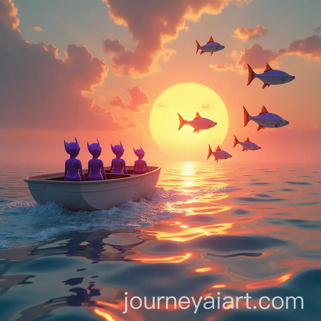 Surreal-Sunrise-Over-a-Mercury-Ocean-with-Flying-Fish-and-Purple-Aliens