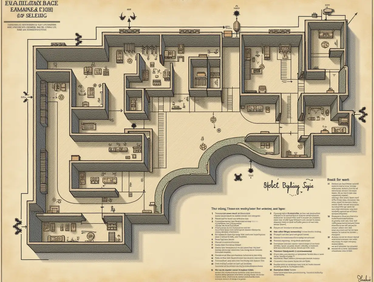 detailed intricate evacuation plan from a military base, top view, scheme, arrows and directions, signs and labels, rooms and ladders