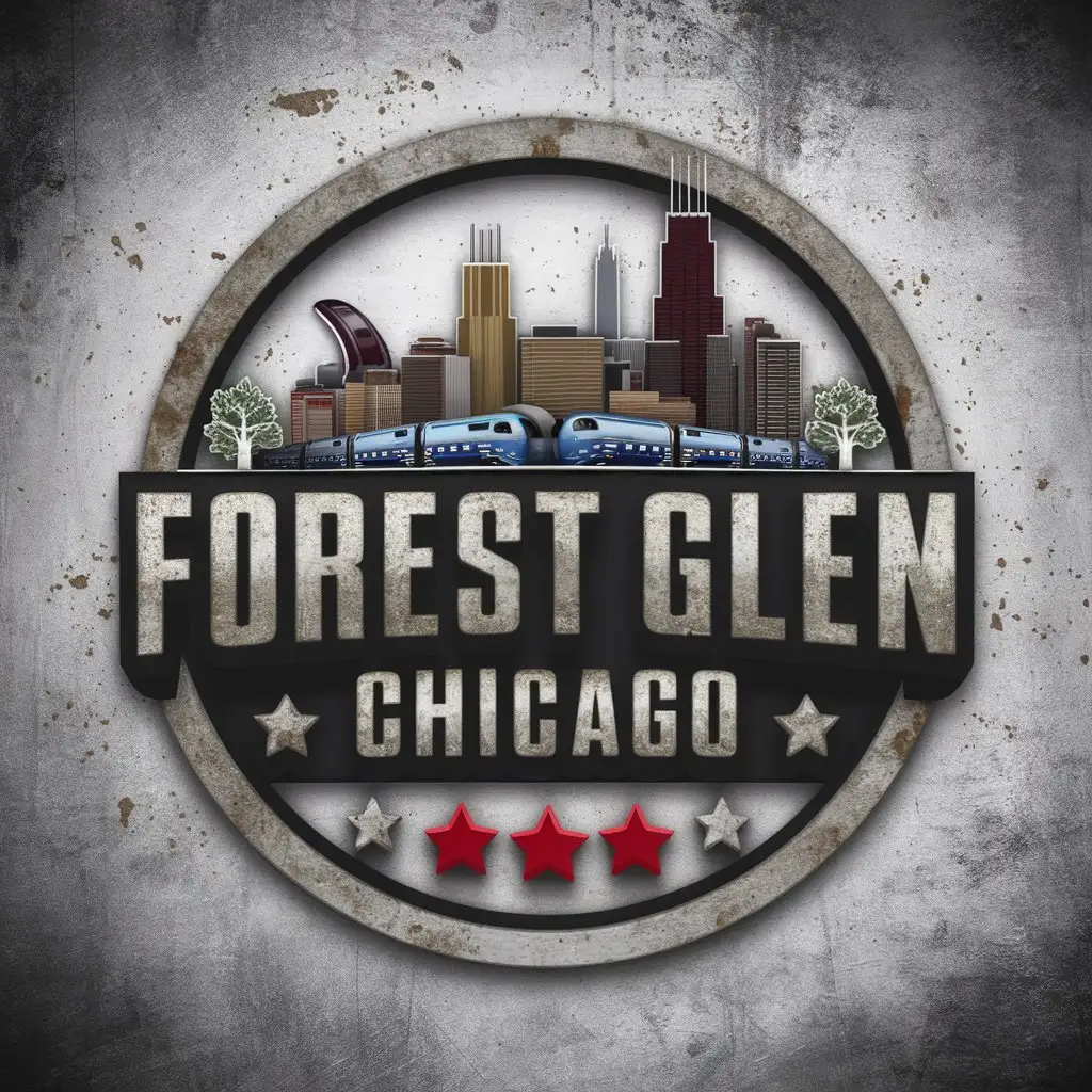 LOGO Design for Forest Glen Chicago Concrete Rusty Look with Red Stars and Cityscape