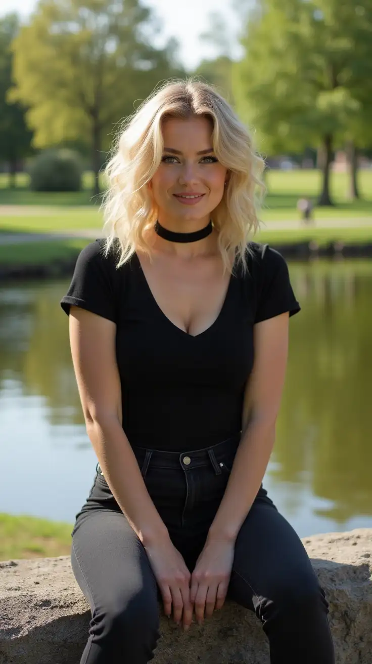 Smiling-Blonde-Woman-in-City-Park-with-Lake-View