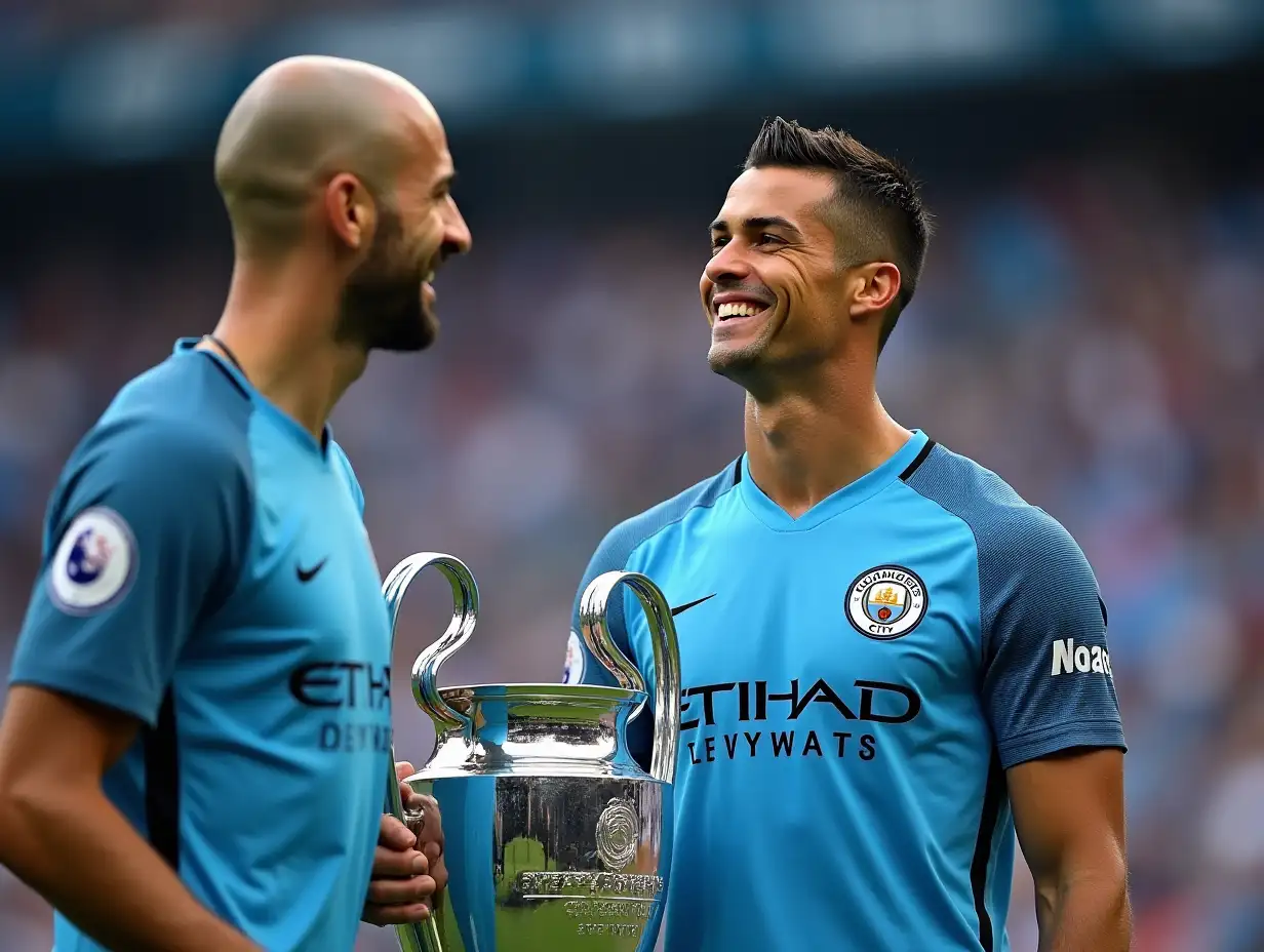 Cristiano-Ronaldo-in-2024-Manchester-City-Shirt-with-Pep-Guardiola-and-Erling-Haaland-Celebrating-Champions-League-Trophies