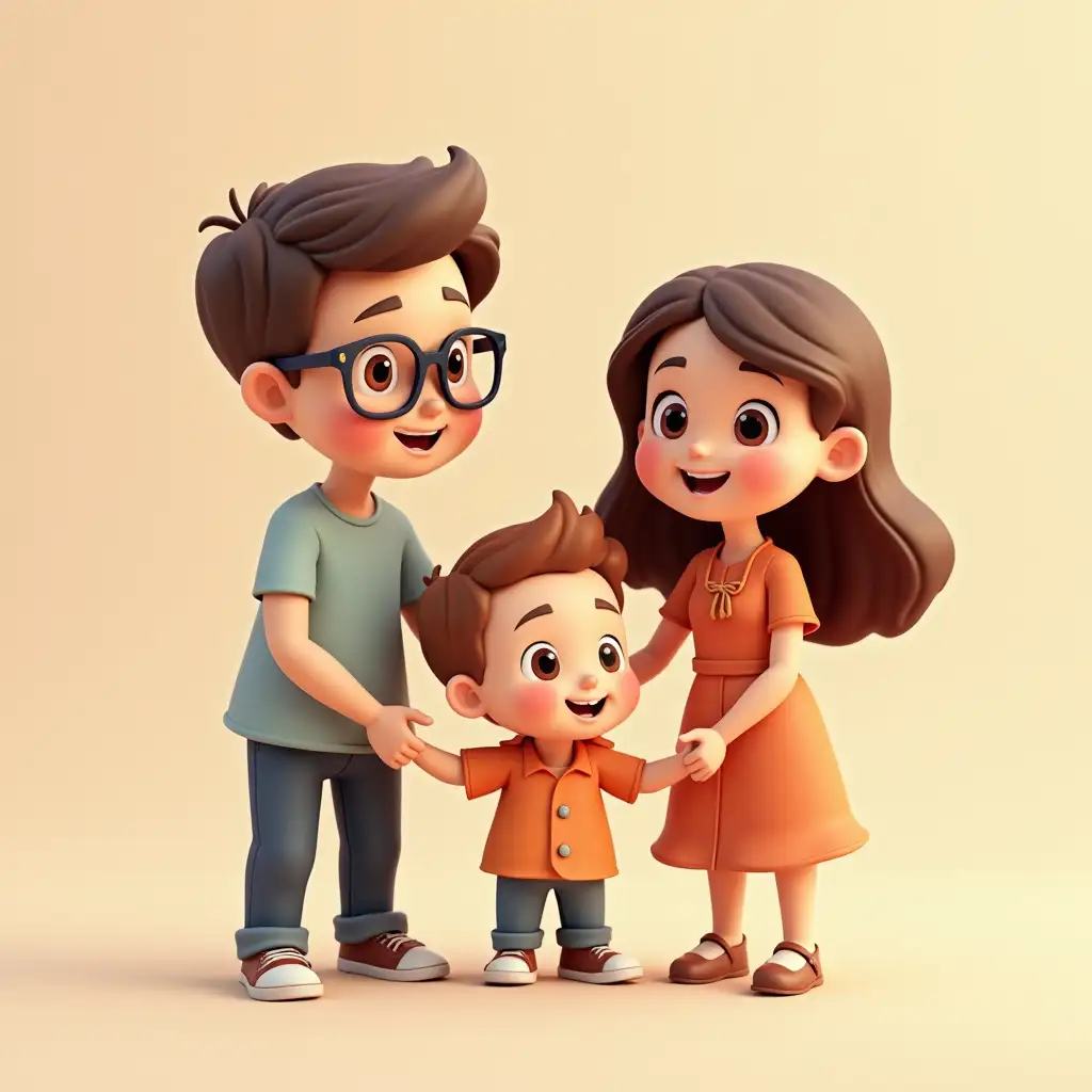 A father with glasses with a shorter mother and two adorable boys one 3 years one 7 months baby, cute, adorable, caring, happy family, 3D cartoon style