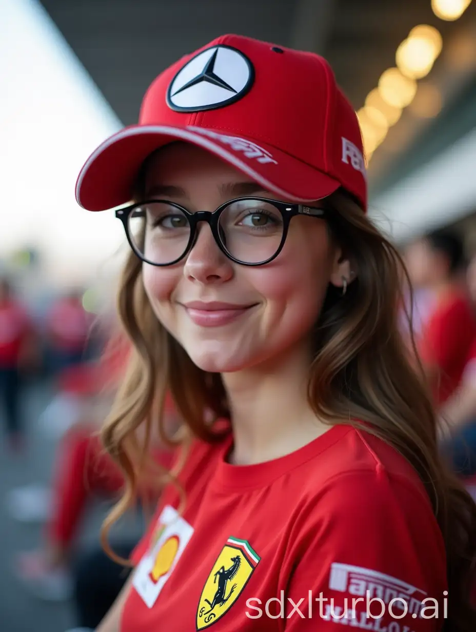 Girl-with-Brown-Hair-in-F1-Grandstand-Ferrari-TShirt-and-Mercedes-Cap