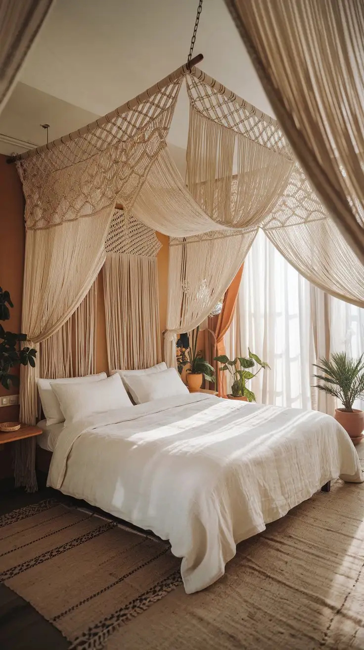 Wide shot, bright and airy bohemian bedroom, king-size bed with white linen bedding, a large, intricately knotted macrame canopy hanging above the bed, natural light streaming through sheer curtains, potted plants, wooden bedside tables, warm color palette, focus on the macrame canopy details, real bedroom setting, daytime