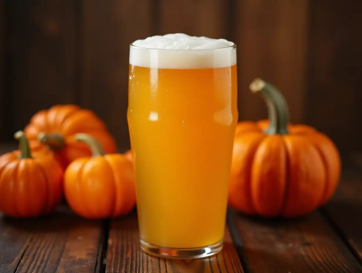 Halloween-Pumpkin-and-Cold-Light-Beer-on-Wooden-Table