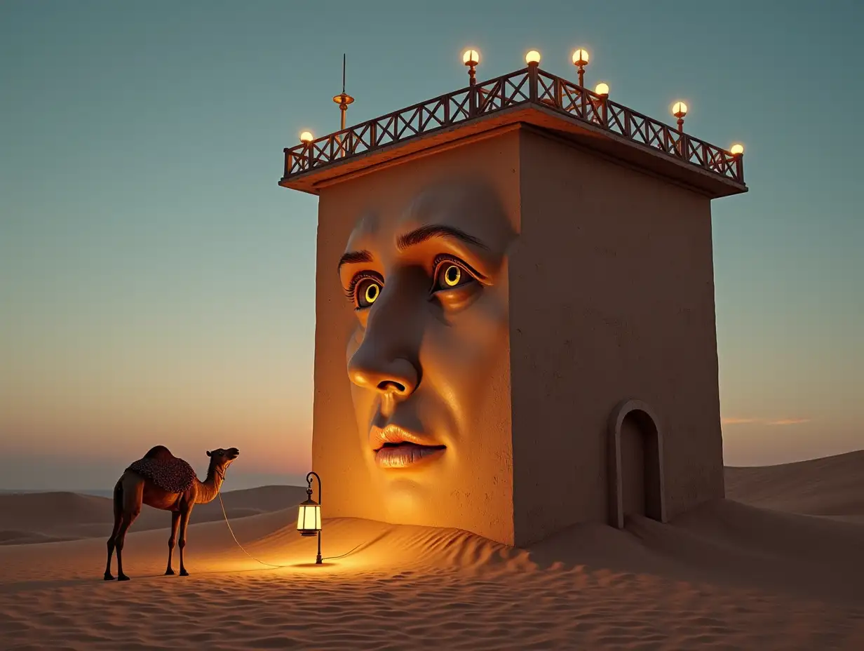 Face transforms into a tall building with a terrace with speaker with lit hanging balls and lantern in the desert with camel with view towards the viewer