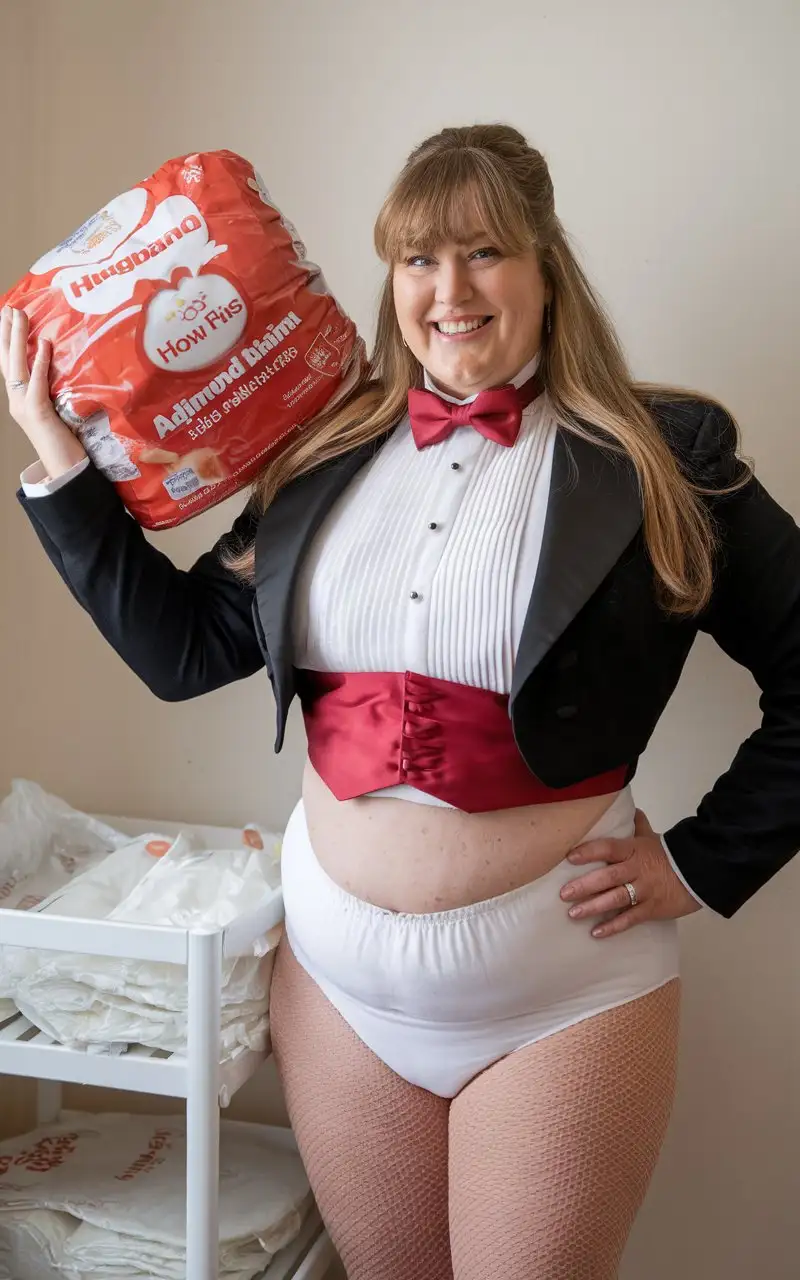 Smiling-MiddleAged-Woman-in-Formal-Tuxedo-with-Huggies-Package-in-Nursery