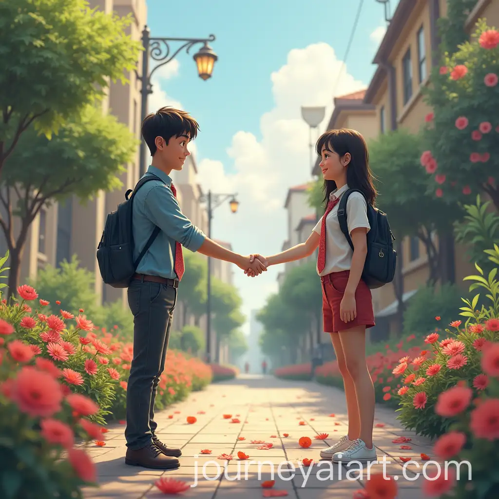 Young-Attractive-Older-Brother-and-Students-in-Handshake-with-Beautiful-Flower-Scenery